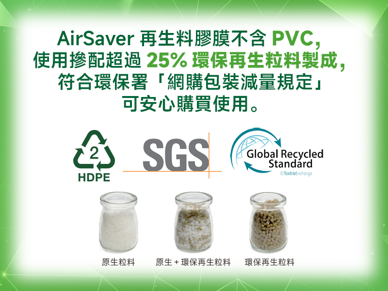 AirSaver 產品可提供 SGS、Global Recycled Standard 兩種證明。